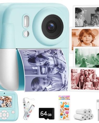 Kids Camera Instant Print Color Photos, Dual-Lens Instant Print Camera for Kids, Toddler Portable Travel Digital Camera Toy for 6 7 8 Year Old Boys Girls Christmas Birthday Gifts 64GB Card