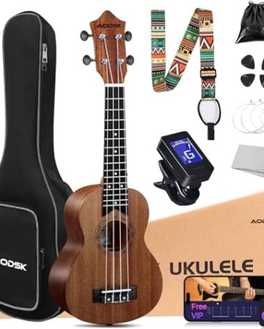 AODSK Soprano Ukulele for Beginner 21 Inch Ukelele Kit with Gig Bag StrapTuner Nylon String 4 Picks Cloth Online Lesson Holiday Gift