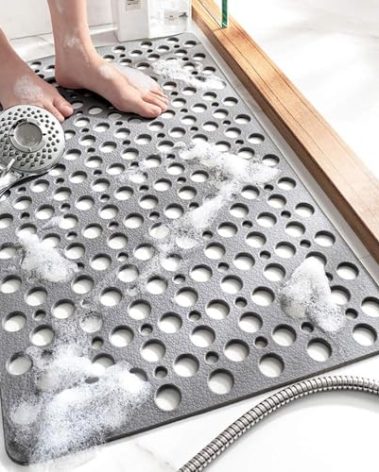 TEMIR Non Slip Bathtub Mat for Shower — Anti Skid Safety Mat with Strong Suction Cups, Quick Drain Holes, Machine Washable, Soft Bathroom Mat for Elderly & Kids, 30x17 in (75x43 cm) Gray