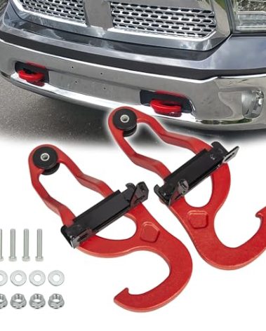 Phamyor Heavy Duty Front Tow Hooks Compatible with 2009-2024 Dodge Ram 1500 Classis(DS) Exclude Warlock, Replace OE 55398284AA 55398285AA 82210967 68196982AA, Left & Right, Red