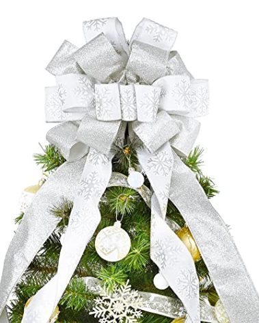 Christmas Tree Topper, 40x13 Inches Toppers Bow with Glitter Satin Mesh Streamer and Patterned Ribbon, Christmas Tree Topper Bow for Christmas Home Decoration (White)