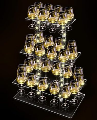 Cutora Champagne Tower with Led Light for Party, 3 Tier Clear Champagne Flute Wall Holder with 32 Slots Glasses Display Stand Stemware Rack Acrylic Tree Stand for Wedding Party 25.6” x 19.6” x 11.8”