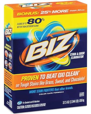 Biz Laundry Detergent Powder, Stain and Odor Eliminator for Tough Stains Like Grass Sweat and Chocolate, Powder Laundry Detergent with 4 Stain Fighters, Color Safe, HE Safe, Unscented, 37.5 Ounce
