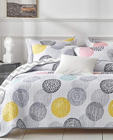 UOZZI BEDDING 3 Piece Reversible Quilt Set Queen Size 90x90 Soft Microfiber Lightweight Coverlet Bedspread Summer Comforter Set Bed Cover Blanket for All Season Pink Yellow Teal Colorful Dots