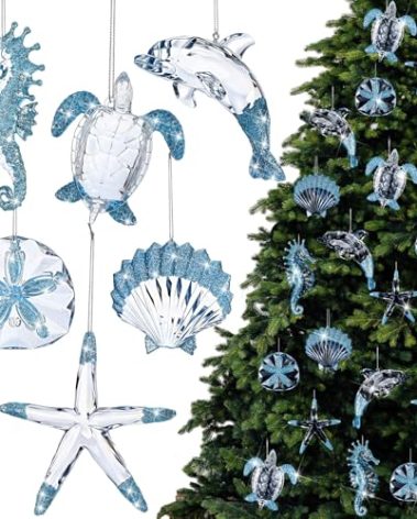 GlikCeil 6 Pcs Blue Beach Coastal Christmas Tree Ornaments Set Glass Starfish Sand Dollar Shells Seahorse Conch Ocean Hanging Ornament for Xmas Winter Holiday Nautical Sea Themed Party Decoration