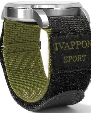 IVAPPON Sport Watch Band, Hook and Loop Nylon Strap, 18mm Width, Drop Prevention Design, Olive Green & Black Plastic Buckle,Standard size
