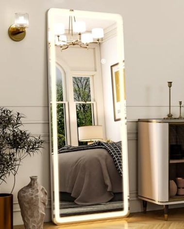 Easly 21"x56" Rectangular Full Length Mirror with LED Lights, Standing or Wall-Mounted Full Body Mirror with Stand, Dimmable 3-Color Lighted Floor Mirror for Bedroom, Dressing Room, Cloakroom