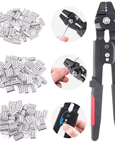 Glarks Up To 2.2mm Wire Rope Crimping Tool Wire Rope Swager Crimper Fishing Crimping Tool With 180Pcs 1.2/1.5/2mm Aluminum Double Barrel Ferrule Crimping Loop Sleeve Kit