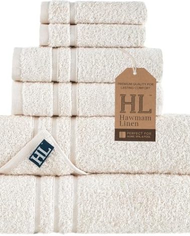 Hawmam Linen Cream 6 Piece Bath Towels Set for Bathroom Original Turkish Cotton Soft, Absorbent and Premium 2 Bath Towels, 2 Hand Towels, 2 Washcloths (Sea Salt)
