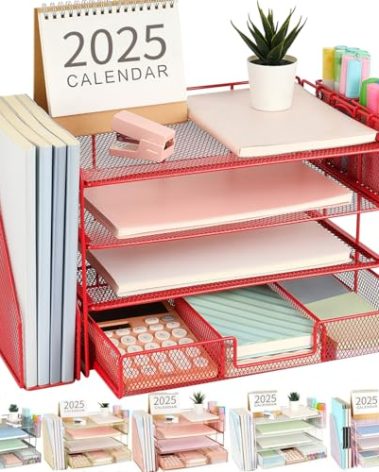 gianotter Paper Letter Tray Organizer with File Holder, 4-Tier Desk Accessories & Workspace Organizers with Drawer and 2 Pen Holder, Desk Organizers and Accessories for Office Supplies (Red)