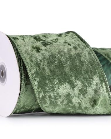 MAYREEL 4 Inch Sage Green Crushed Velvet Ribbon Wired Extra Wide for Christmas Decorations Gift Wrapping Wreaths Tree Toppers 10 Yards