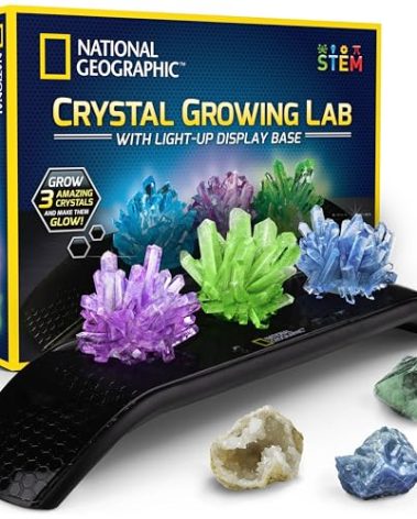 National Geographic Crystal Growing Kit - 3 Vibrant Colored Crystals to Grow with Light-Up Display Stand, Science Toy for Girls and Boys Ages 8-12, Includes 3 Gems, Cool STEM Gift (Amazon Exclusive)