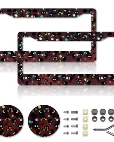 Anime License Plate Frames，Anime Car Accessories for Women and Men ，Cute Soot Sprites License Plate Holder，Aluminum License Plate Frame Fits Standard US Vehicles Size 12.2 x 6 Inch (Black 01-2pcs)