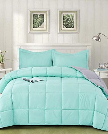 HIG Reversible Lightweight Comforter - All Season Down Alternative Summer Duvet Insert Blue Quilted Bedding Comforters with Corner Tabs Full/Queen Size Aqua Blue/Light Grey