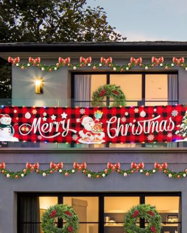 Solar Large Merry Christmas Banner, 120" x 20" LED Lighted Xmas Decoration Red Buffalo Plaid Hanging Huge Sign, Holiday Party Supplies Home Decor for Outdoor,Yard,Garden,Porch,Lawn (Plaid-Santa)