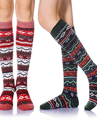 Eyean Women's Knee High Wool Socks Winter Thick Thermal Soft Comfy Over Knee Long High Socks 2 Pairs (Retro C)