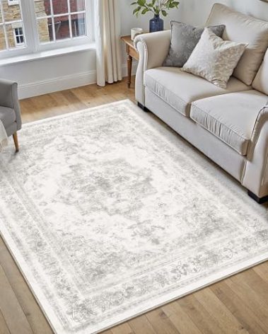 PureCozy Area Rug 4x6 Washable Light Gray Rug Vintage Boho Medallion Entryway Door Mat Grey Distressed Retro Carpet Non Slip Low Pile Small Soft for Office Kitchen Bedroom Laundry Bathroom Hallway