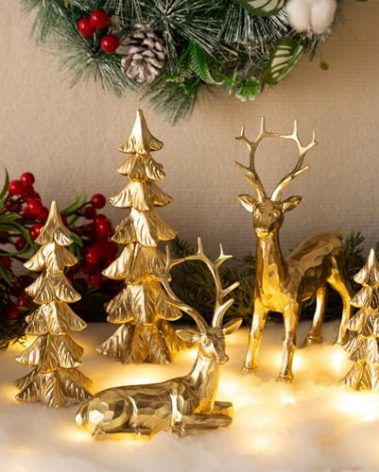 Gleemoria 5pc Gold & Silver Christmas Reindeer & Tree Statue Set; Tabletop Decor; Gold Deer Figurines