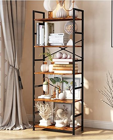CosyStar 5-Tier Tall Bookcase, Rustic Wood and Metal Standing Bookshelf, Industrial Vintage Book Shelf Unit, Open Back Modern Office Bookcases