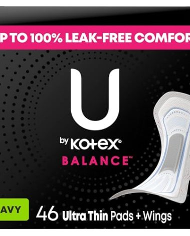 U by Kotex Balance Ultra Thin Pads with Wings, Heavy Absorbency, 46 Count (Packaging May Vary)