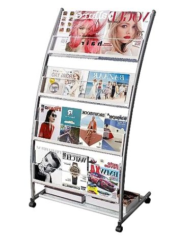 LIWSHWZ Magazine Rack Floor Standing,Brochure Display Stand, 4 Pockets Metal Literature Stand,Newspaper Rack with Wheels for Trade Show Exhibitions Office Retail Store