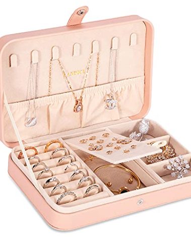 LANDICI Small Jewelry Box for Women Girls, PU Leather Travel Jewelry Case, Portable Jewelry Organizer Storage Holder Display for Ring Earrings Necklace Bracelet Bangle Men Kids Gift, Pink