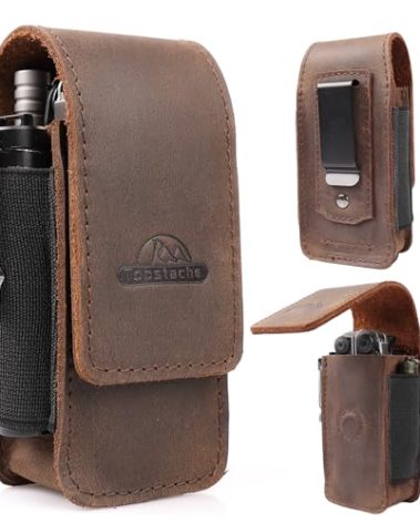 Topstache Multitool Sheath for Men - Belt Leather Multitool Holster - EDC Belt Organizer for Leatherman, Gerber - Magnetic Closure Multitool Pouch Fits Folding Tool, Darkbrown