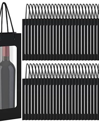 Geelin 50 Pcs Wine Gift Bag with Window 4.9" x 3.6" x 14.2" Kraft Paper Wine Bags with Windows Kraft Paper Flower Wrapping Bag Transparent Window Bags for Valentine Birthday Wedding Gifts(Black)