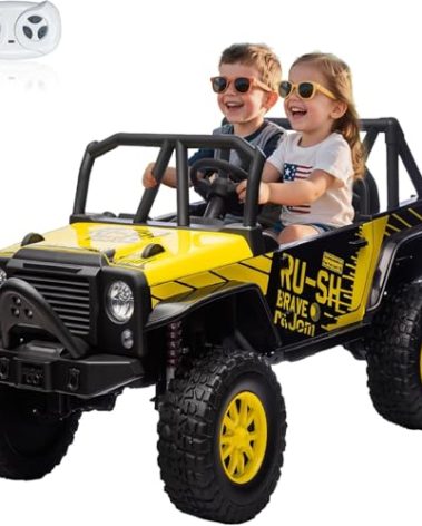 24V 2 Seater Power Wheels for Kids, 4WD Kids' Electric Vehicles with Remote Control for Girls Boys, UTV Ride On Car, Spring Absorbers, Wireless Bluetooth (Bright Yellow)