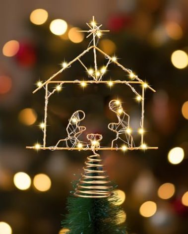 Gejoy 10.6 x 7.8 inches Lighted Christmas Tree Topper Nativity Scene Decoration LED Nativity of Jesus Decoration Metal Christmas Tree Top Decoration for Home Shopping Mall Office Desktop