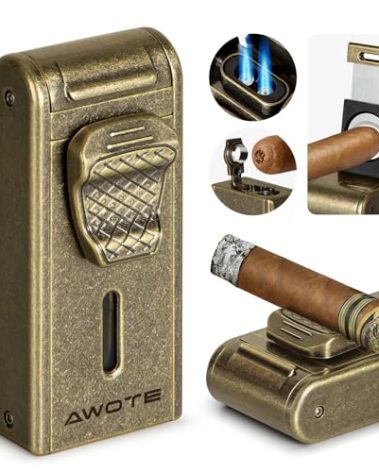 Torch Lighter with Adjustable Dual-Flame, Built-in Cigar Punch, Holder, Cutter, Windproof Refillable Butane Lighter for Smoking, Gift for Men