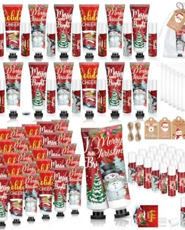 Dimsile 50 Sets 200 Pcs Christmas Hand Lotion and Lip Balm Sets Christmas Stocking Stuffers Holiday Treat Gifts Goodie Xmas Party Supplies for Women Men Lip Care with Organza Bags Tags (Vintage Style)