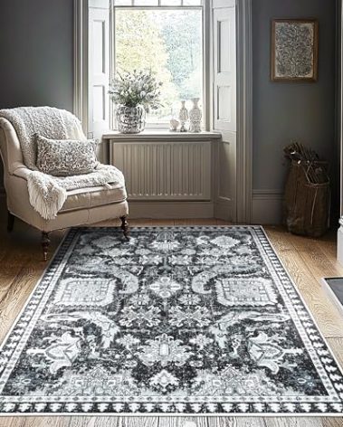 5x7 ft Area Rug - Washable Non-Slip Indoor Rug for Bedroom, Living Room, Kitchen, Office, Entryway - Soft Boho Black & White Design, Kids-Friendly, Runner Rug