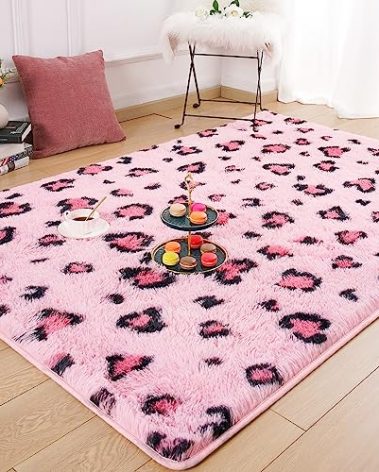 Amearea Soft Fluffy Leopard Rug, 5x8 Feet Pink Area Rug for Bedroom Girls, Premium Cheetah Print Area Rug, Comfy Faux Fur Animal Print Carpet for Bedroom Living Room, Kids Teen Room 70s Home Decor