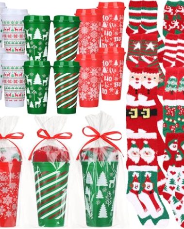 Pickmesh 12 set Christmas Bulk Gifts for Coworkers Funny 16 oz Christmas Coffee Cup Fuzzy Socks Set for Women Holiday Gift(Fresh)