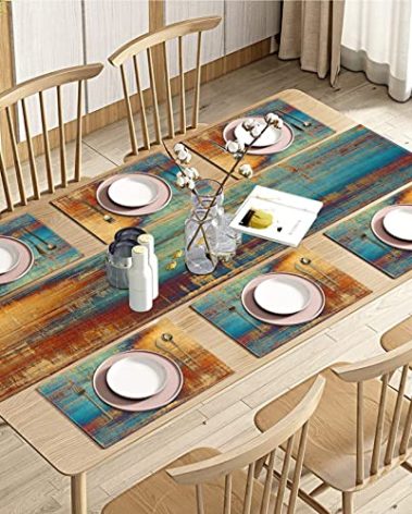 Emvency Blue Orange Table Runner and Placemats Set of 6, Vintage Abstract Messy Rust Painting Art Dining Decor for Daily Use(1 Table Runner 72 inches Long and 6 Placemats)
