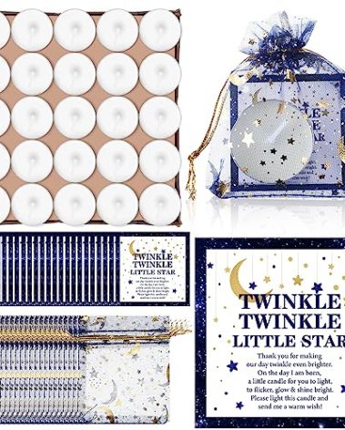 50 Sets Twinkle Twinkle Baby Shower Candle Favors 50 Pcs Tealight Candles for Guests with 50 Moon Star Organza Bags and 50 Little Star Thank You Tags for Gender Reveal(Dark Blue)