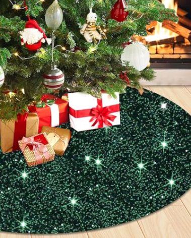 WUPIOS Hunter Green Christmas Tree Skirt 60In Tree Skirt Shimmer Christmas Decorations Xmas Ornaments Personalized Tree Skirts Velvet Sequins Tree Floor Mat Soft Round Velvet Tree Skirt for Merry Xmas