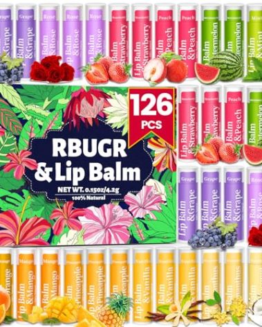 RBUGR 126 Pcs Lip Balm Bulk, 12 Flavored Pack of Lip Balms Pack Natural Moisturising Organic Lip Balm Set for Cracked Lips, Bulk Gifts Stocking Stuffers Party Favors(4.2g/0.15oz)