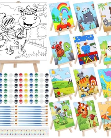 Tenceur 12 Sets Pre Drawn Canvas to Paint Adult Stretched Coloring Painting Canvas Panels with Design Easel and Brushes for Party Supplies Beginner Favor(Cute Style)