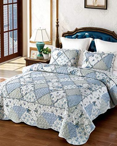 VIVILINEN Blue Floral Patchwork Quilt Set King Size Reversible Quilted Bedding Set with 2 Pillowcases