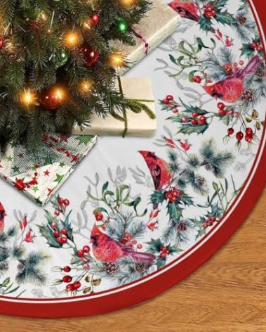Christmas Tree Skirt 36Inches Winter Cardinal Birds Xmas Tree Skirt, Red Poinsettia Floral Holly Leaves Christmas Tree Mat for Home Party Holiday Indoor Outdoor Decorations (Red, 36in)