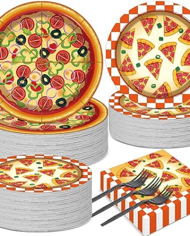 50 Guests Pizza Plates and Napkins Party Supplies Pizza Birthday Party Decorations Disposable Tableware Set Pizza Dinnerware Favor for Kids Boys Girls Baby Shower Picnics, 200PCS