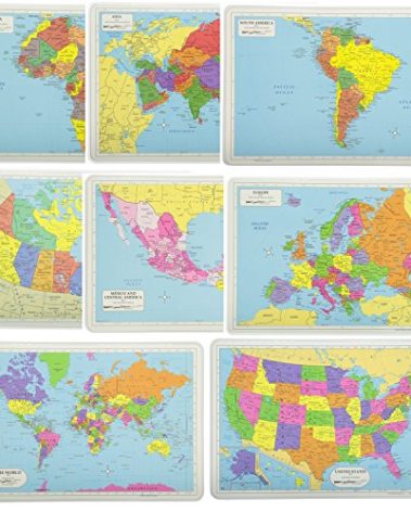 Painless Learning Educational Placemat Sets; USA, World, Europe, Asia, Africa, South America, Central America, Canada Maps [Set of 8]