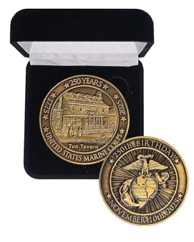 Solid Brass 2025 Marine Corps Challenge Coin in Velvet Gift Box for 250th Birthday - 2 inch - USMC Birthday Ball and Anniversary