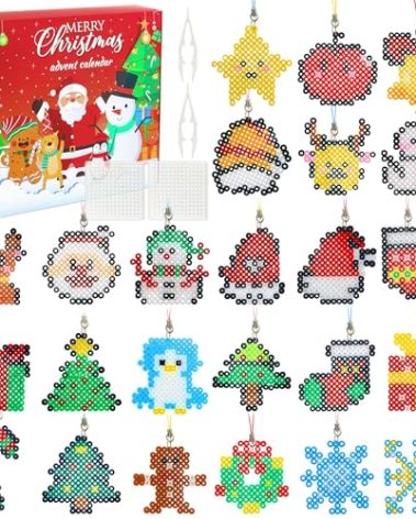 Christmas Crafts Advent Calendar 2025, 24 Days Countdown to Christmas Fuse Beads Kit with Pegboard, Tweezers, Ironing Paper, Diy Xmas Art Ornaments Making Kit Gift for Holiday Activity