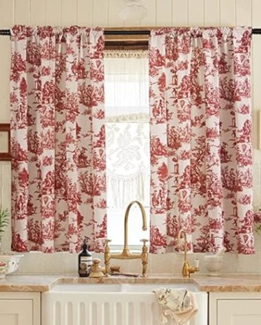 XTMYI Red Short Curtains for Kitchen Window Decor Rod Pocket Toile Floral Farmhouse Christmas Country Laundry Room Door Doorway Rustic Theme Bathroom Curtain Set of 2 Pack 48 Inch Length