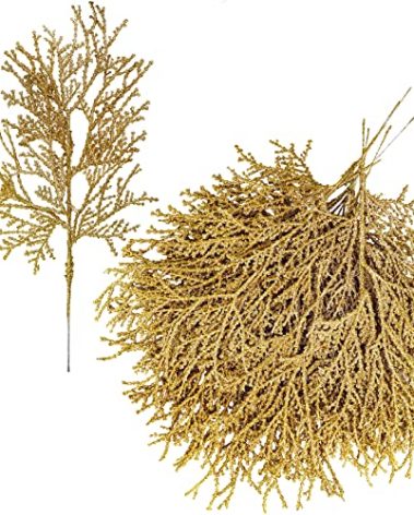 15 Pcs Gold Glitter Artificial Cedar Sprigs Picks Faux Cedar Branches Stems Christmas Tree Picks Sprays 15.4" H for Gold Christmas Tree Wreath Wedding Bouquet Winter Seasonal Holiday Decoration