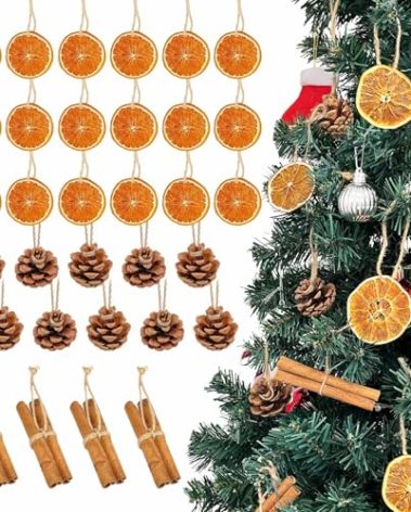 32pcs Natural Christmas Tree Ornaments Set, Rustic Christmas Ornaments Bulk with Dried Orange Slices, Cinnamon Sticks and Pine Cones with Rope,Hanging Yule Decor for Xmas Tree, DIY Crafts Decorations