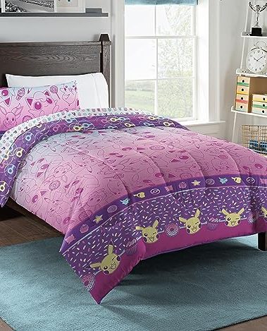 Northwest Pokemon Twin Sized Bed in a Bag Set, Piachu and Eevee, Anime Bedding for Kids Boys Girls, Light and Sweet